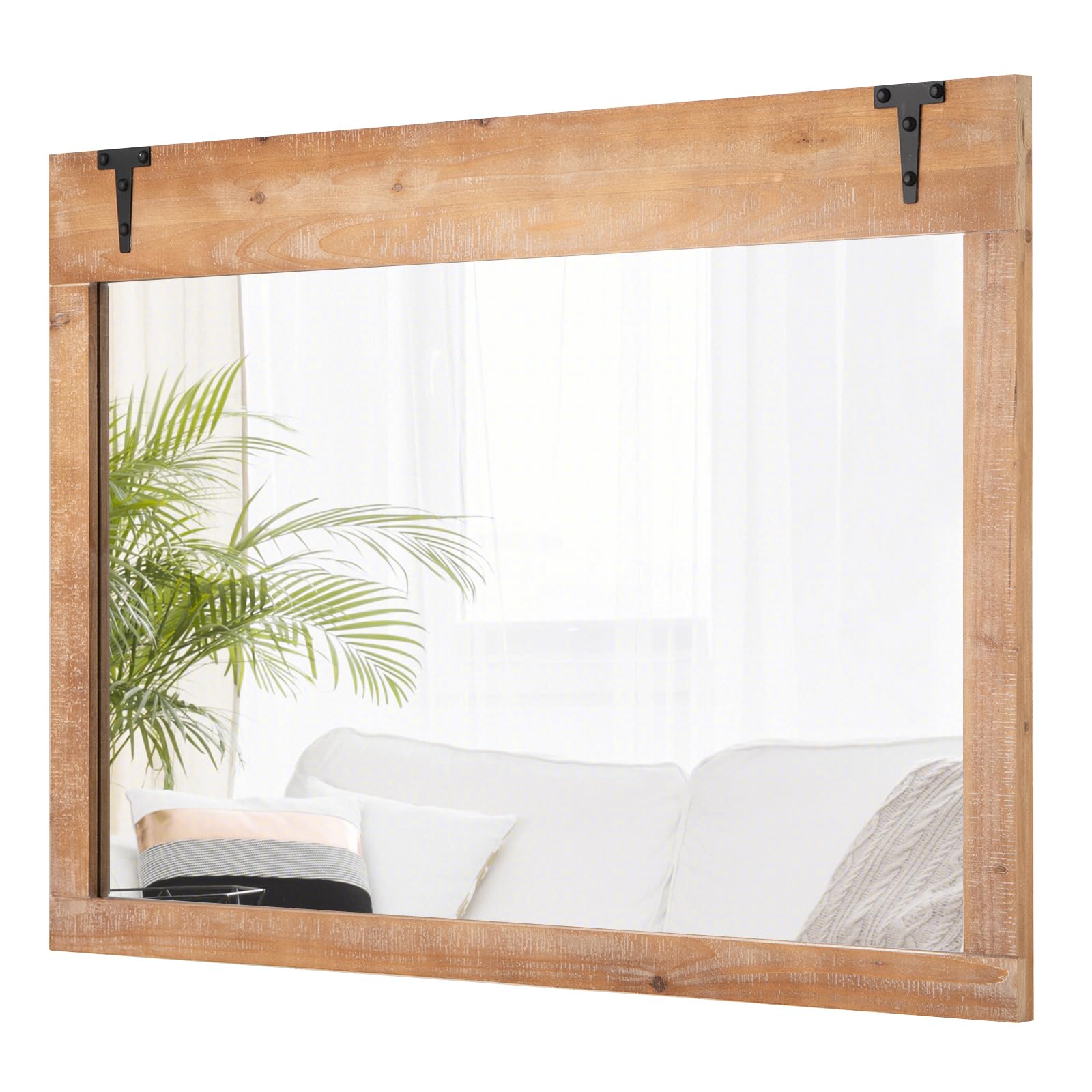 Miroir mural Tangkula style ferme, miroir de porte de grange rustique de 99 x 70 cm avec cadre en bois